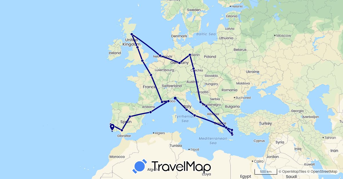 TravelMap itinerary: driving in Czech Republic, Germany, Spain, France, United Kingdom, Greece, Croatia, Italy, Netherlands, Portugal (Europe)